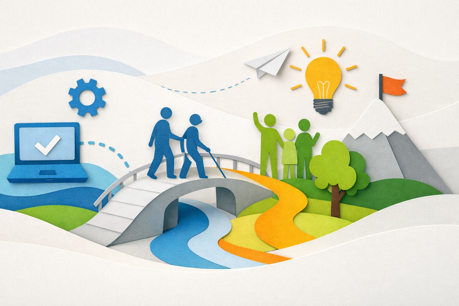 Illustration im Papier-Cutout-Stil: Zwei stilisierte Personen überqueren gemeinsam eine Brücke, eine davon nutzt einen Langstock. Links steht ein Laptop mit Häkchen-Symbol für digitale Dienstleistungen. Rechts führen Wege durch eine grüne Landschaft zu einer Gruppe von Menschen, einer leuchtenden Glühbirne als Symbol für Ideen sowie einer Flagge auf einem Berg.